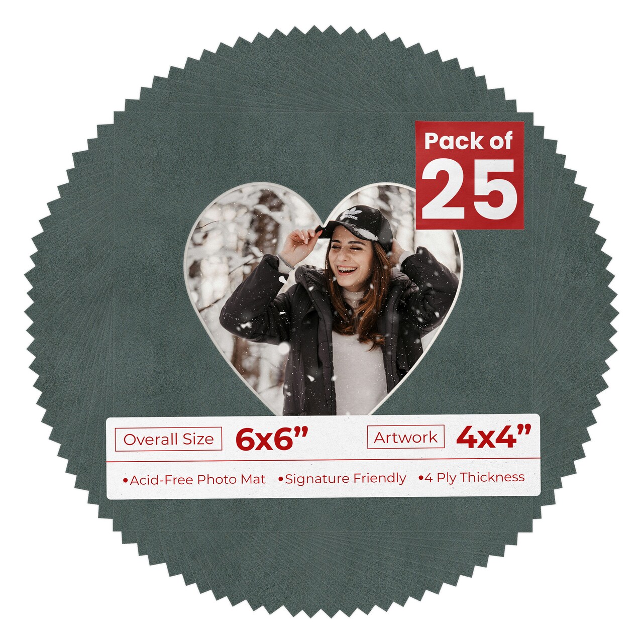 Dark Grey Suede Mat Board for 6x6 Frames - Heart Opening for 4x4 Photos